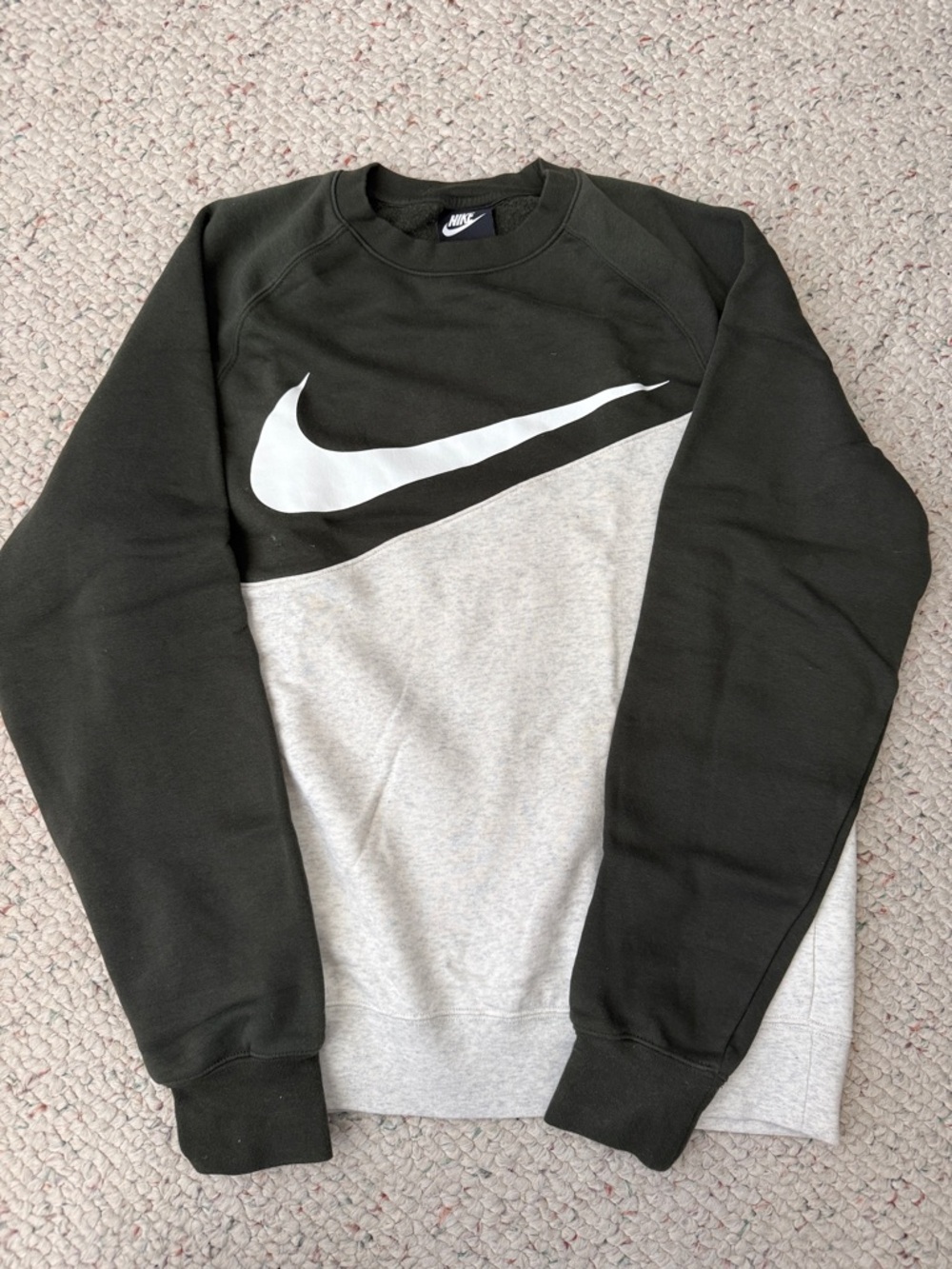 Nike Two-Tone Olive Green and Light Gray Swoosh Crewneck